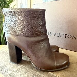 Louis Vuitton Dark Brown Embossed Monogram Leather Ankle Booties